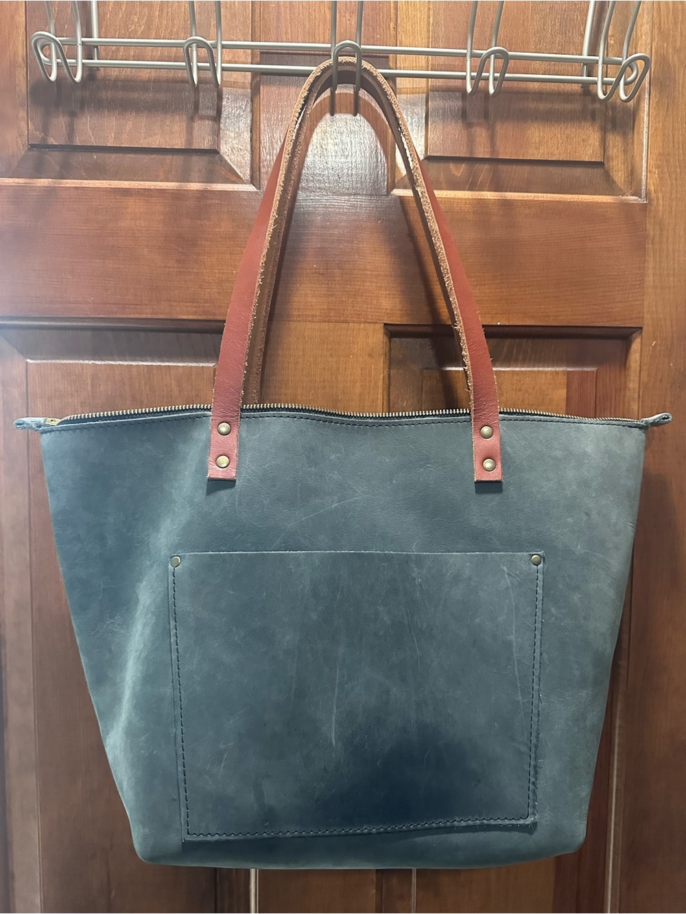 Portland Leather Tote Bag with Brown Straps - Storm?